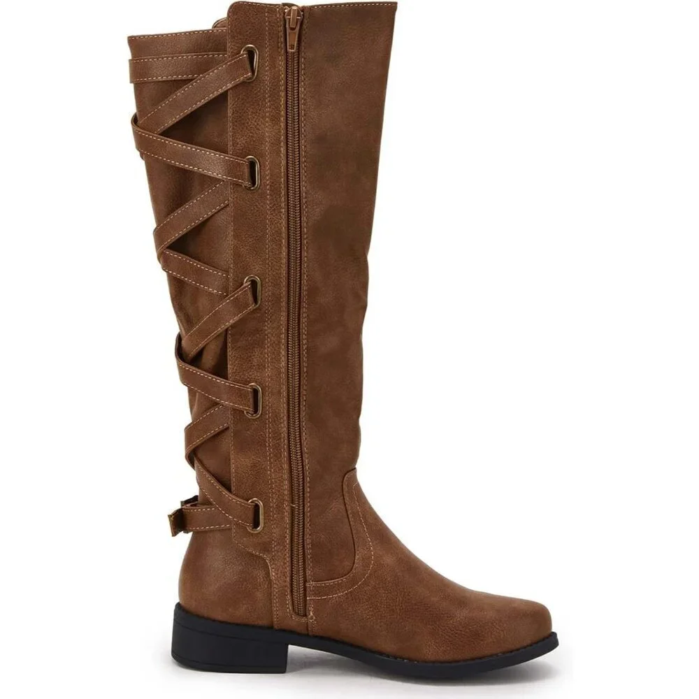 🆕Women Faux Leather Brown Strappy Motorcycle Knee High Riding Flat Lace Up Boot